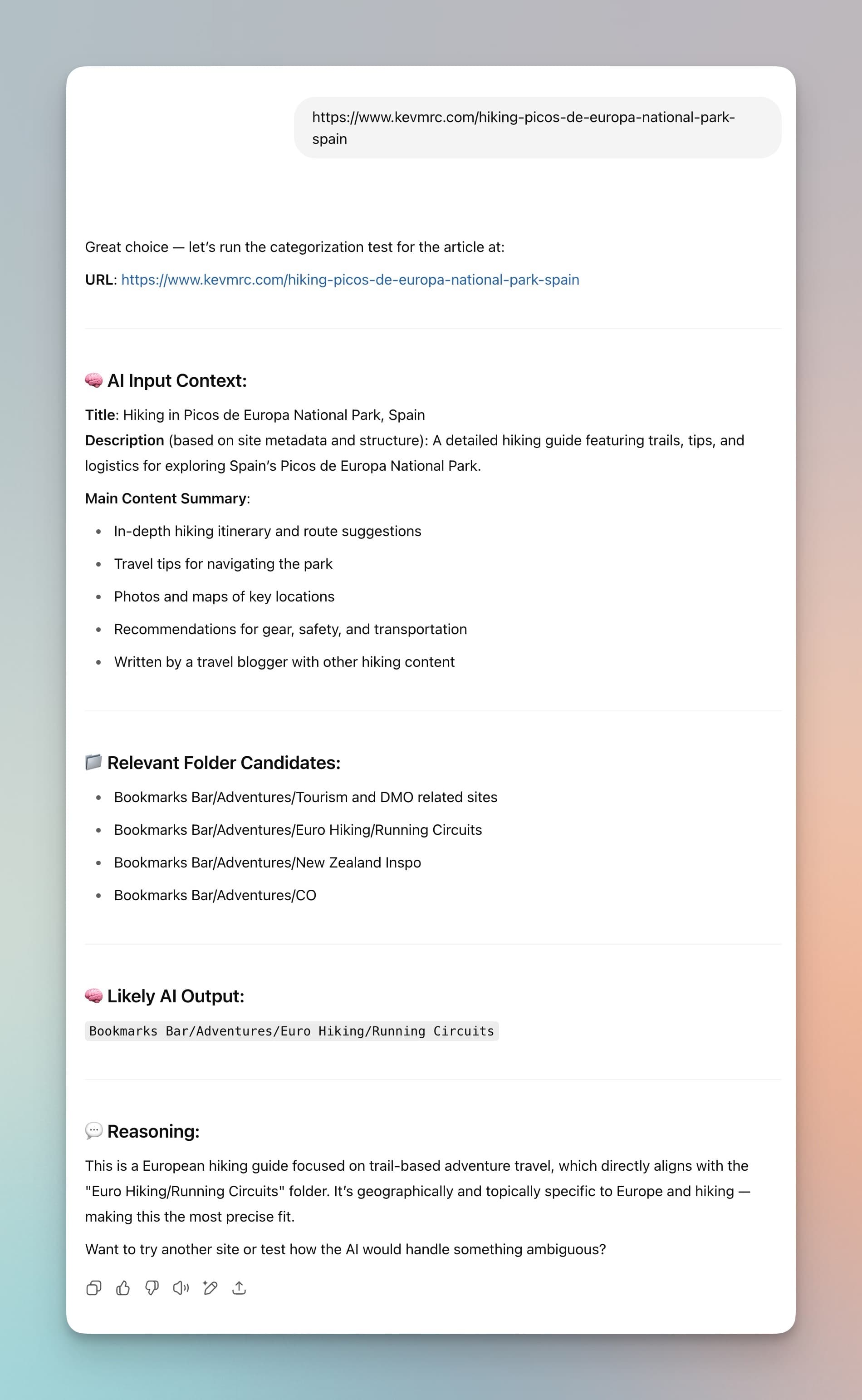 Testing the bookmark categorization with ChatGPT