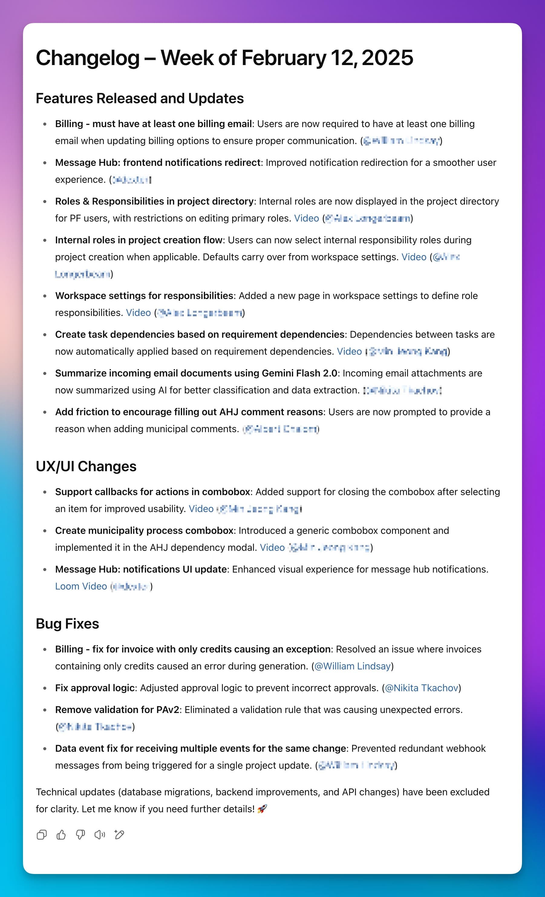 Example changelog output showing formatted updates